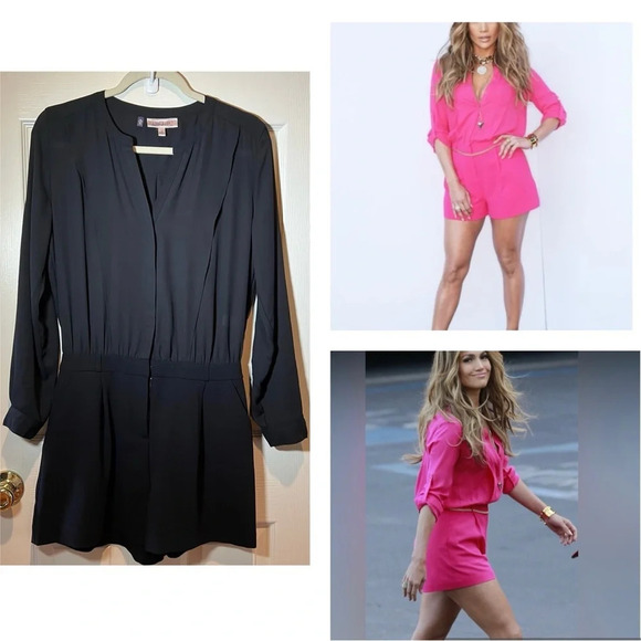 Jennifer Lopez Womens Black Jumpsuit‎ Romper VNeck Dress Short 2 Chiffon Pleated - Picture 5 of 17